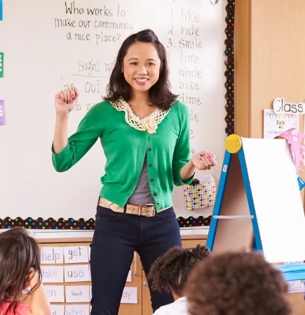 Female teacher in front of a whiteboard during a primary school lesson