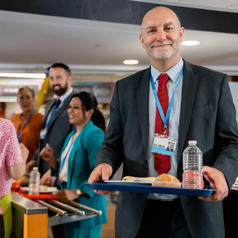 Older male teacher in a suit, carrying a lunch tray and smiling as other teachers stand in line behind for their lunch